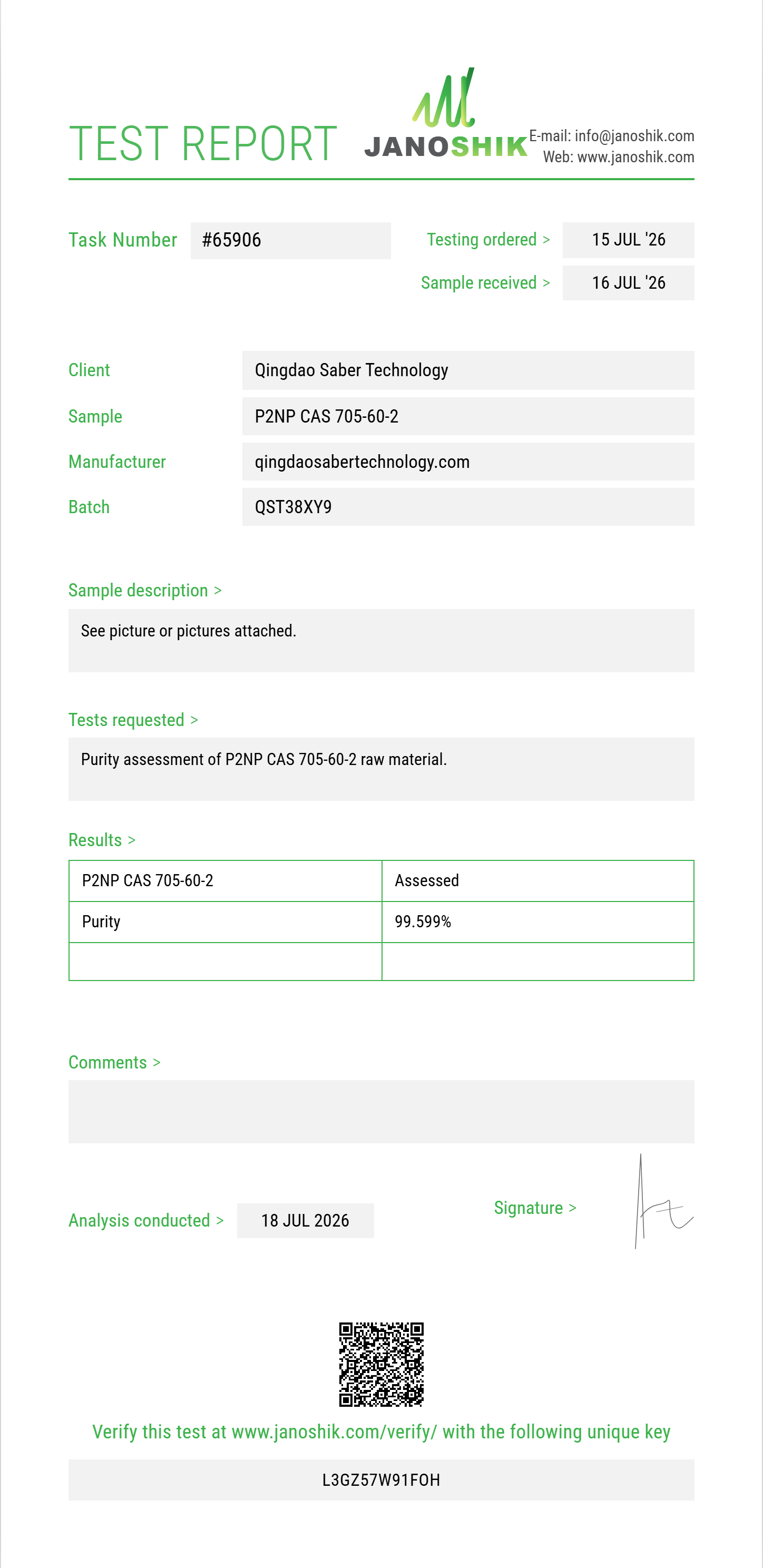 P2NP (1-phenyl-2-nitropropene) CAS 705-60-2 Purity (HPLC) report by Janoshik Analytical