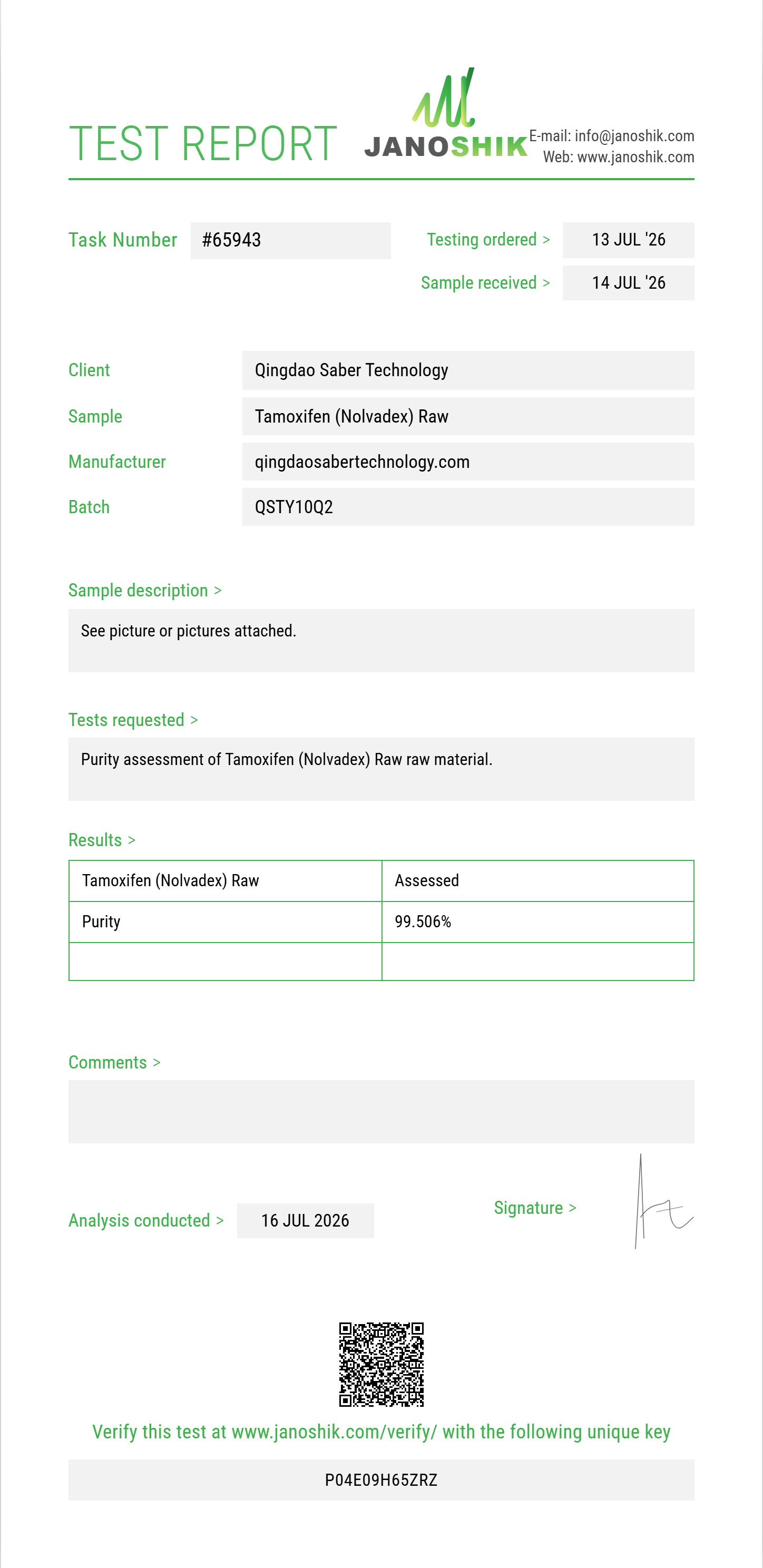 Tamoxifen (Nolvadex) Raw Purity (HPLC) report by Janoshik Analytical
