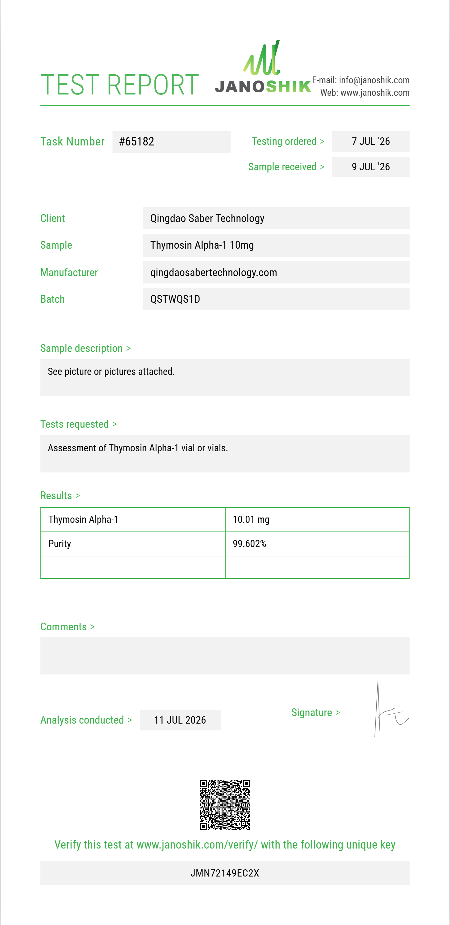Thymosin Alpha-1 Purity (HPLC) report by Janoshik Analytical