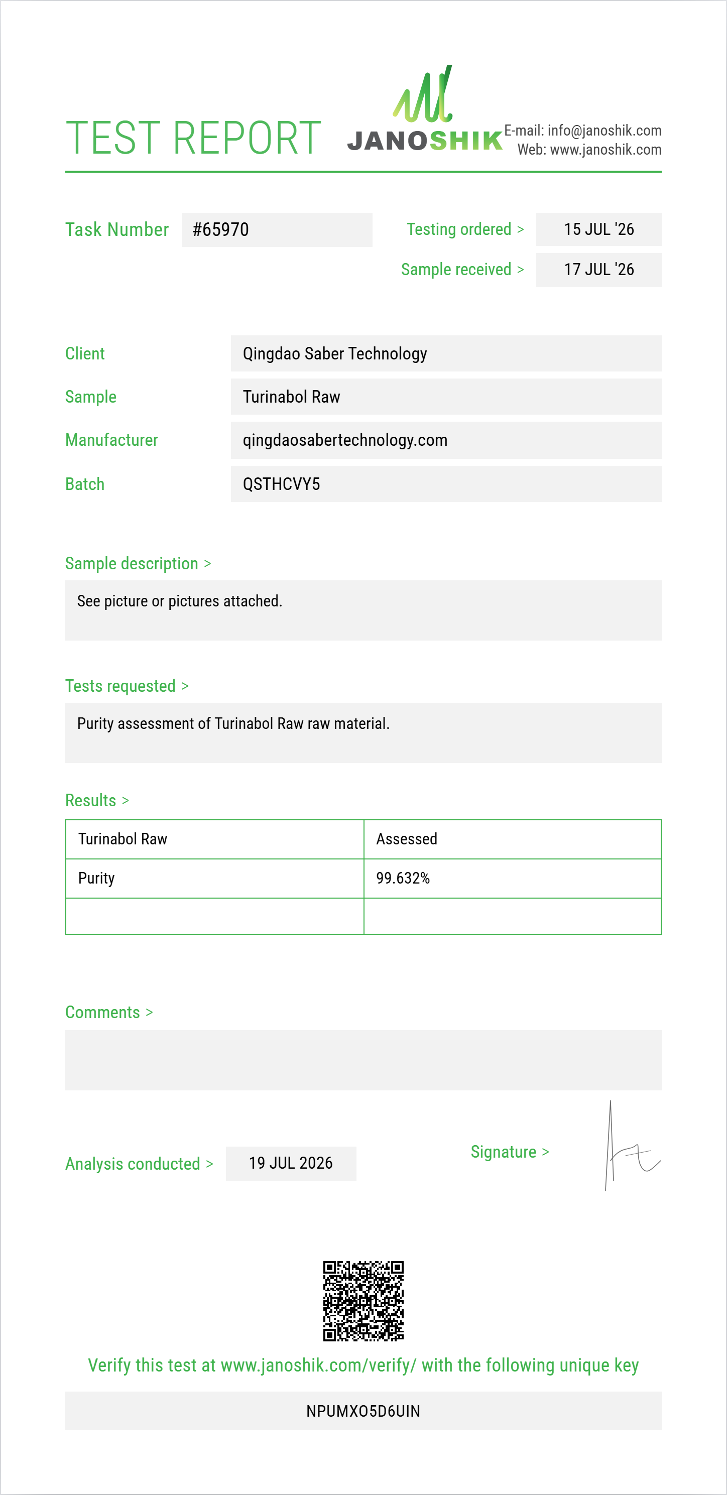 Turinabol Raw Purity (HPLC) report by Janoshik Analytical