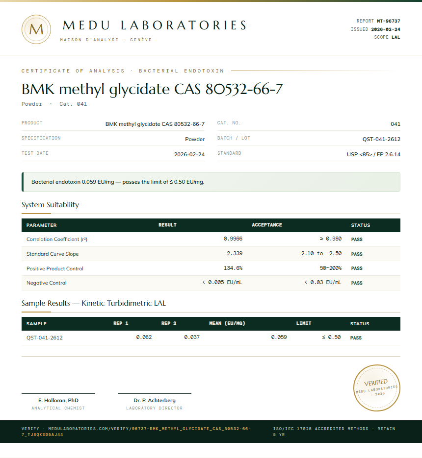BMK methyl glycidate CAS 80532-66-7 Endotoxin report by Medutest