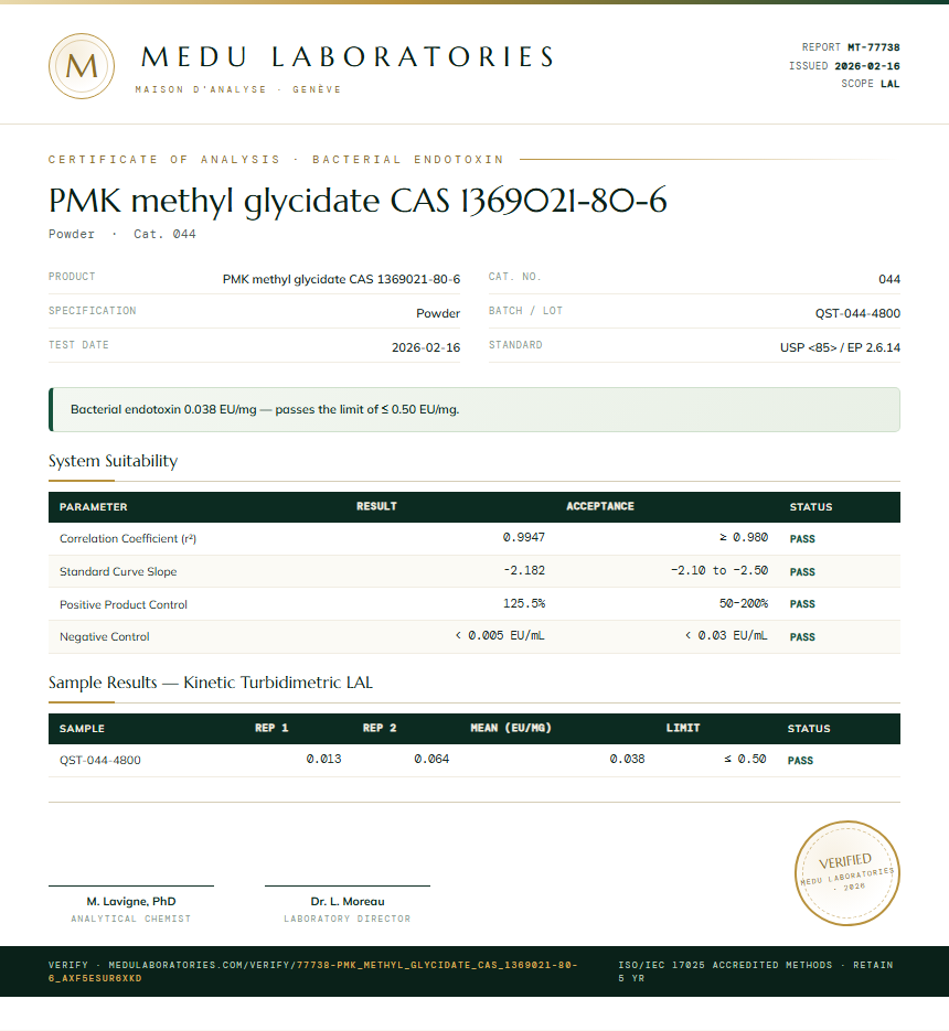 PMK methyl glycidate CAS 1369021-80-6 Endotoxin report by Medutest