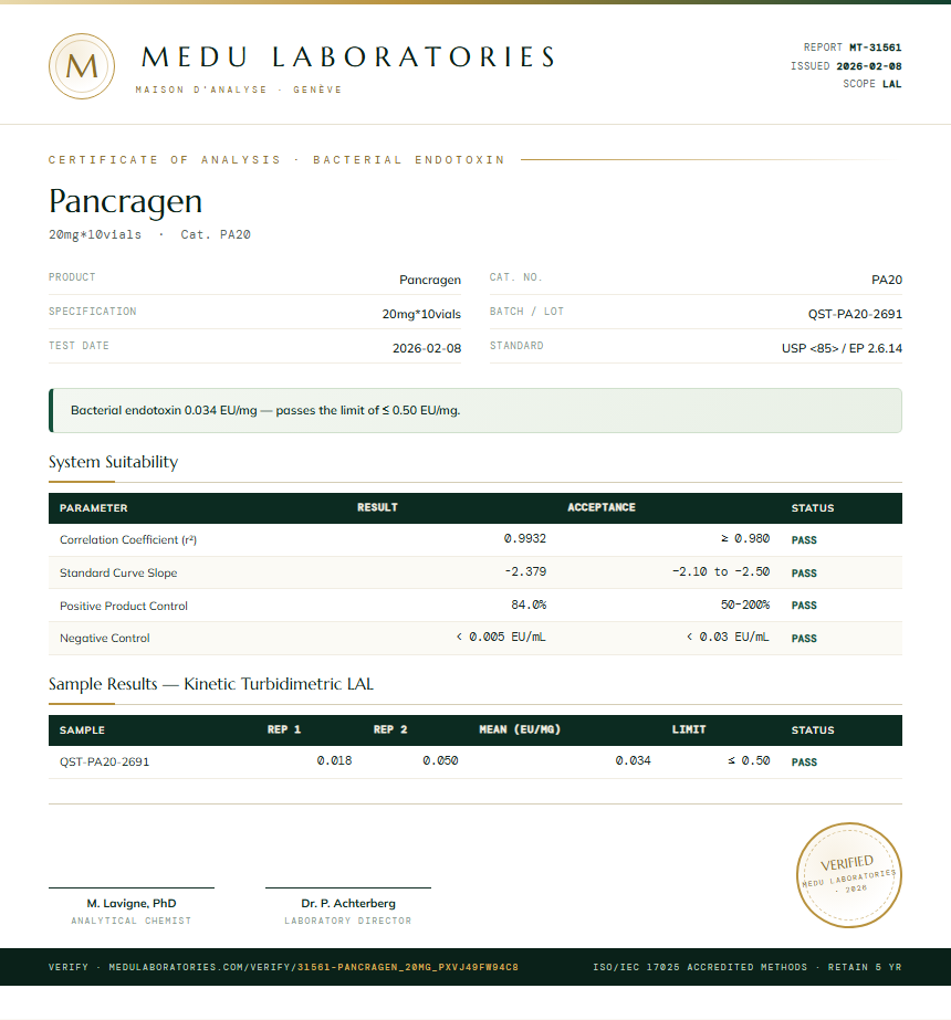 Pancragen Endotoxin report by Medutest