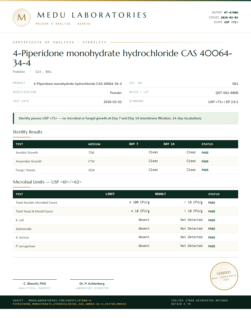 4-Piperidone monohydrate hydrochloride CAS 40064-34-4 Sterility report by Medutest