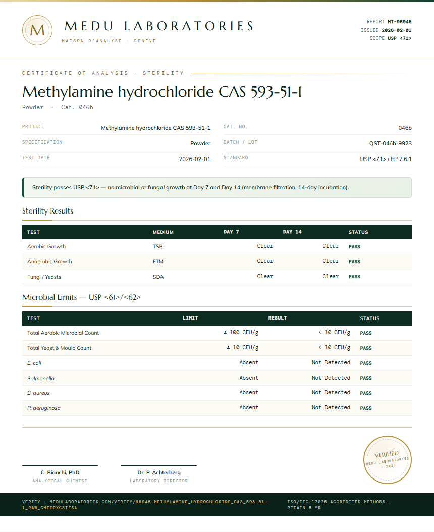 Methylamine hydrochloride CAS 593-51-1 Sterility report by Medutest
