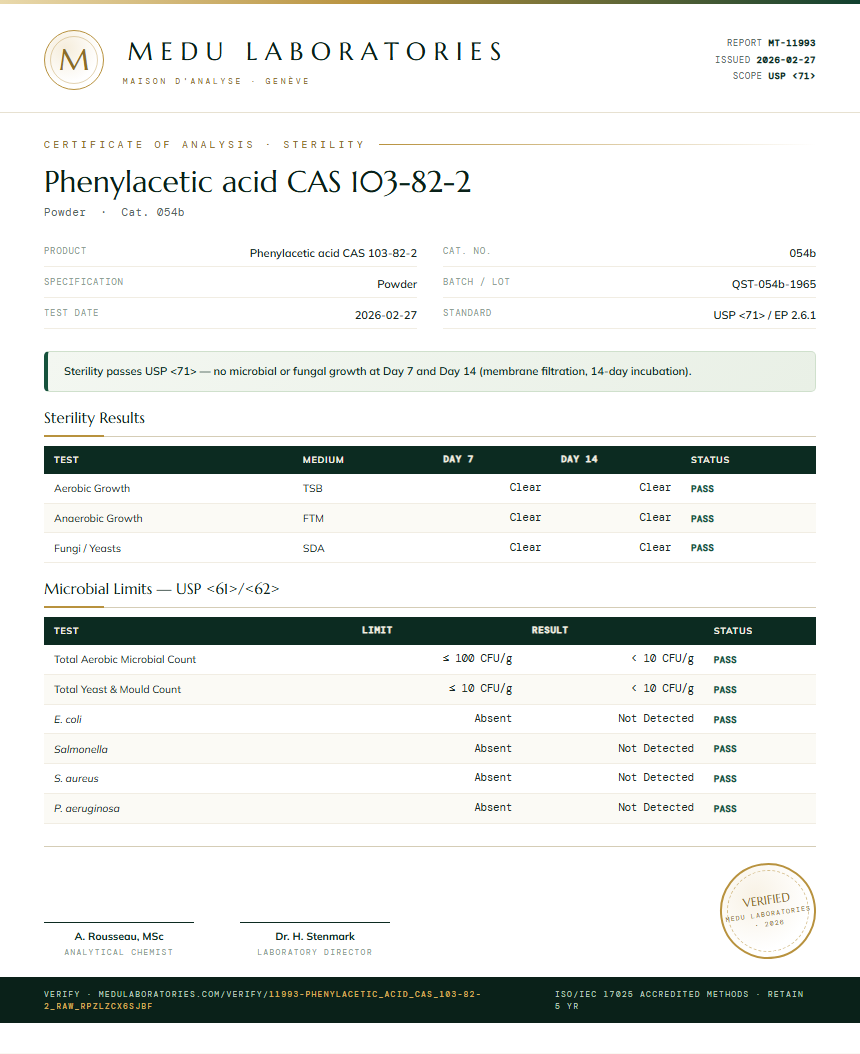 Phenylacetic acid CAS 103-82-2 Sterility report by Medutest