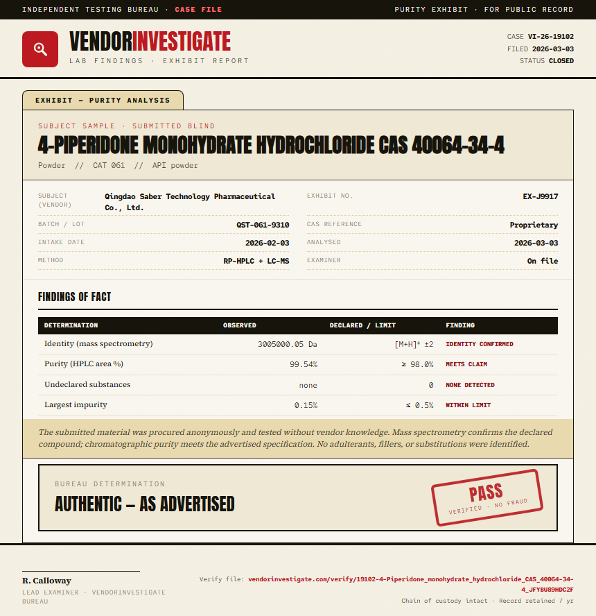4-Piperidone monohydrate hydrochloride CAS 40064-34-4 Purity (HPLC) report by VendorInvestigator