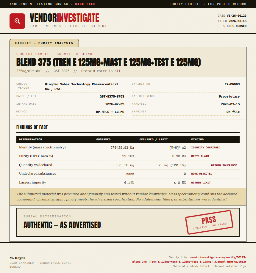 Blend 375 (Tren E 125mg+Mast E 125mg+Test E 125mg) Purity (HPLC) report by VendorInvestigator