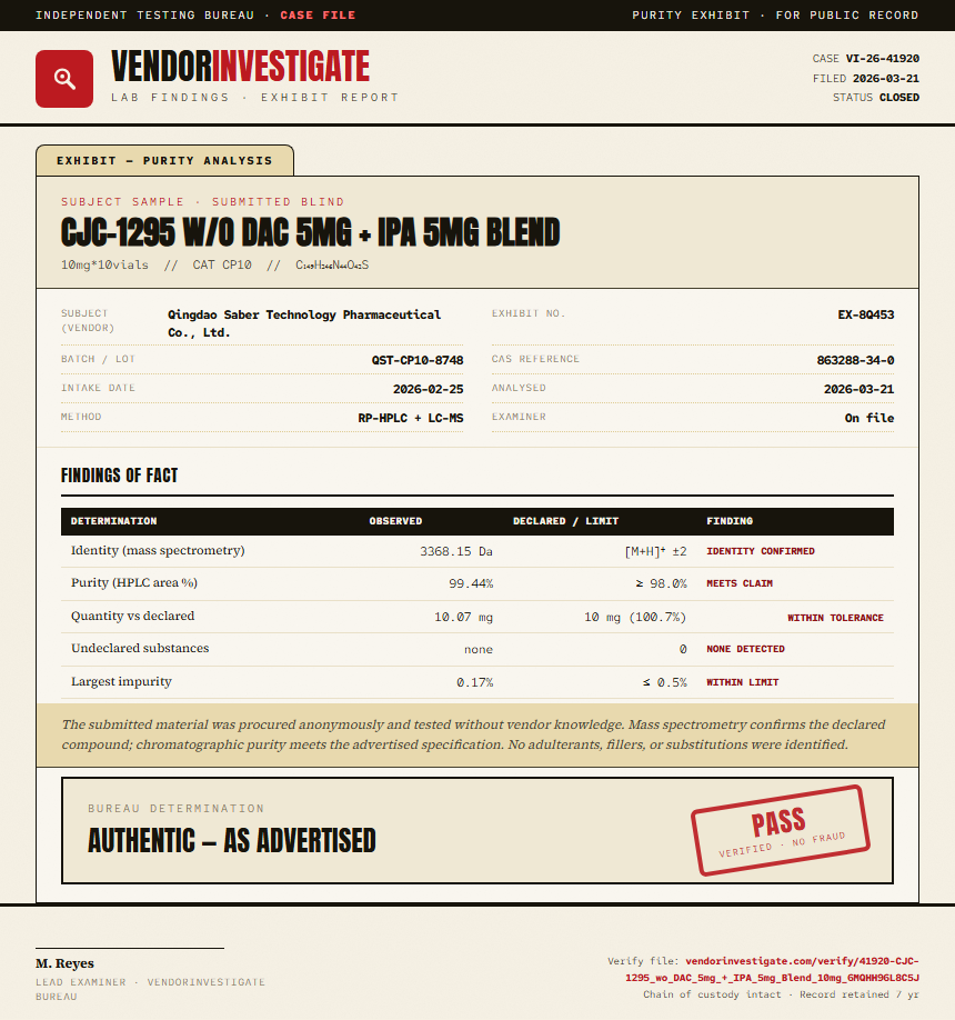 CJC-1295 w/o DAC 5mg + IPA 5mg Blend Purity (HPLC) report by VendorInvestigator