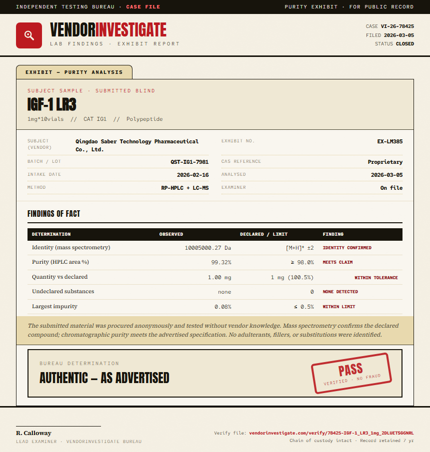 IGF-1 LR3 Purity (HPLC) report by VendorInvestigator