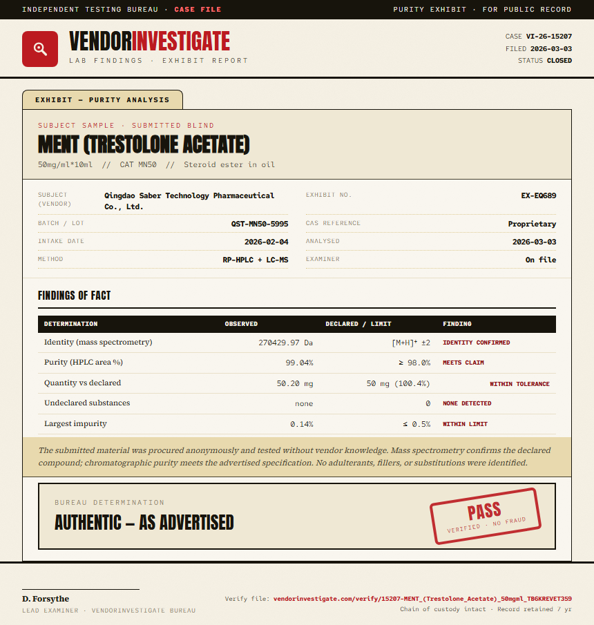 MENT (Trestolone Acetate) Purity (HPLC) report by VendorInvestigator