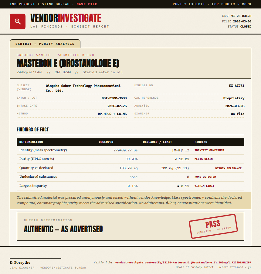 Masteron E (Drostanolone E) Purity (HPLC) report by VendorInvestigator