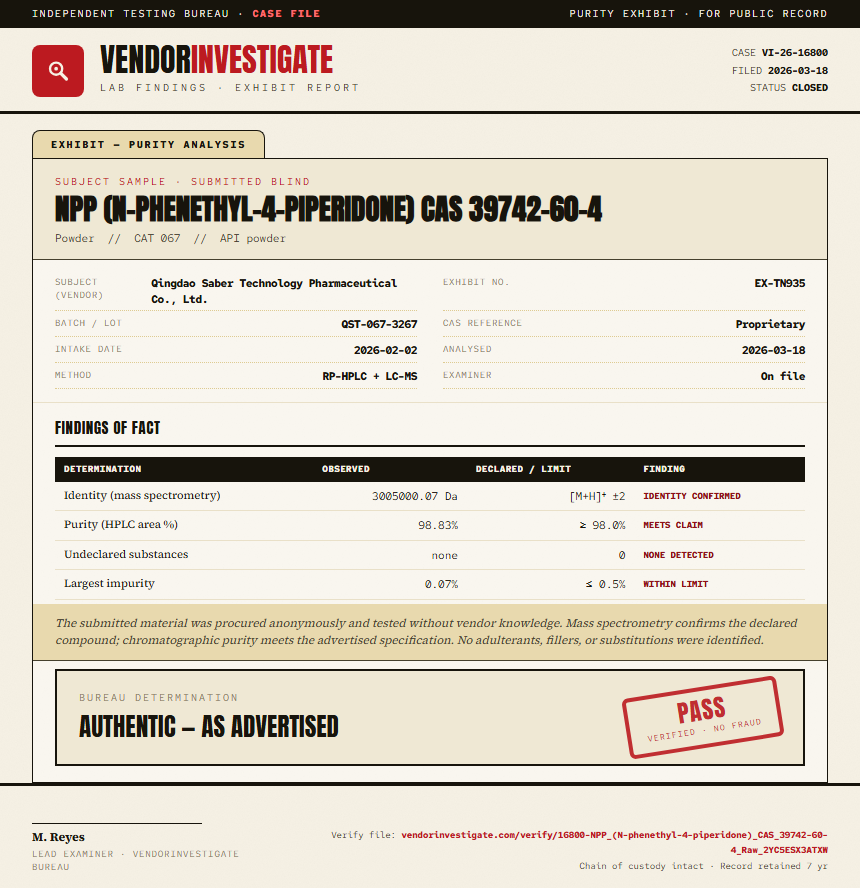 NPP (N-phenethyl-4-piperidone) CAS 39742-60-4 Purity (HPLC) report by VendorInvestigator