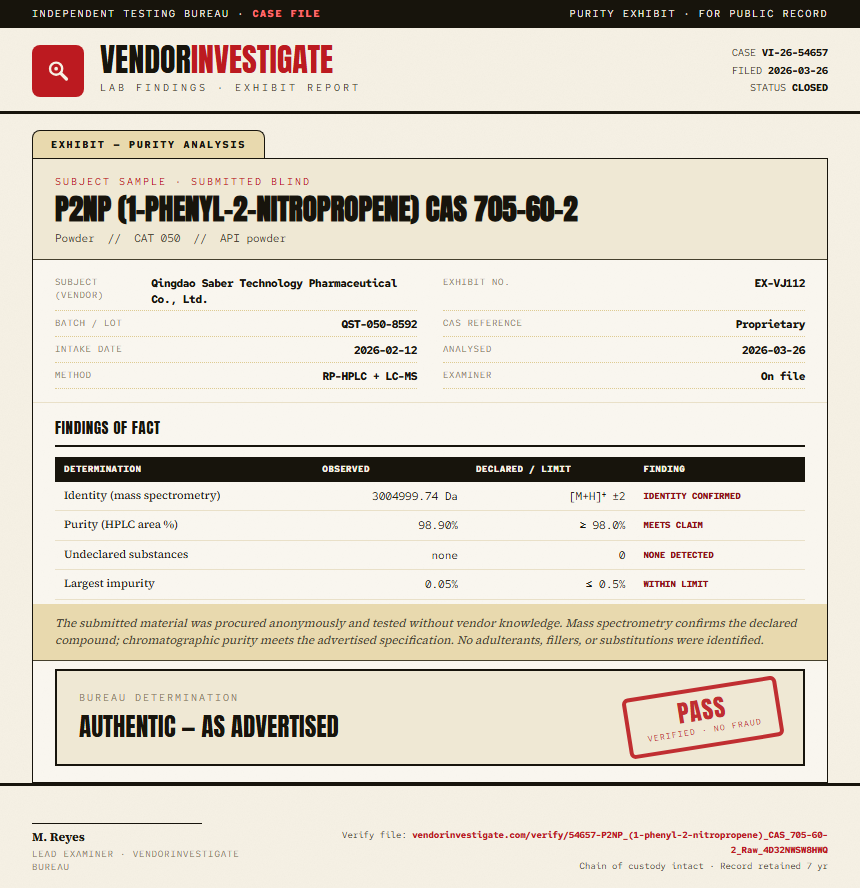 P2NP (1-phenyl-2-nitropropene) CAS 705-60-2 Purity (HPLC) report by VendorInvestigator