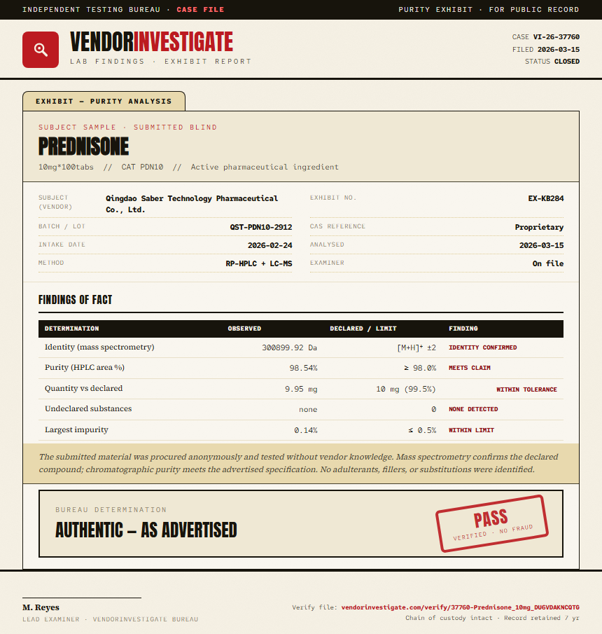 Prednisone Purity (HPLC) report by VendorInvestigator