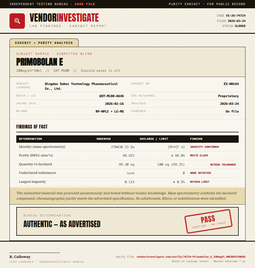 Primobolan E Purity (HPLC) report by VendorInvestigator