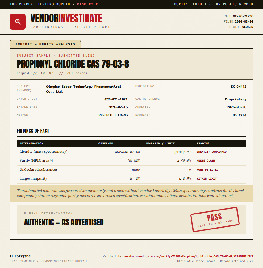 Propionyl chloride CAS 79-03-8 Purity (HPLC) report by VendorInvestigator