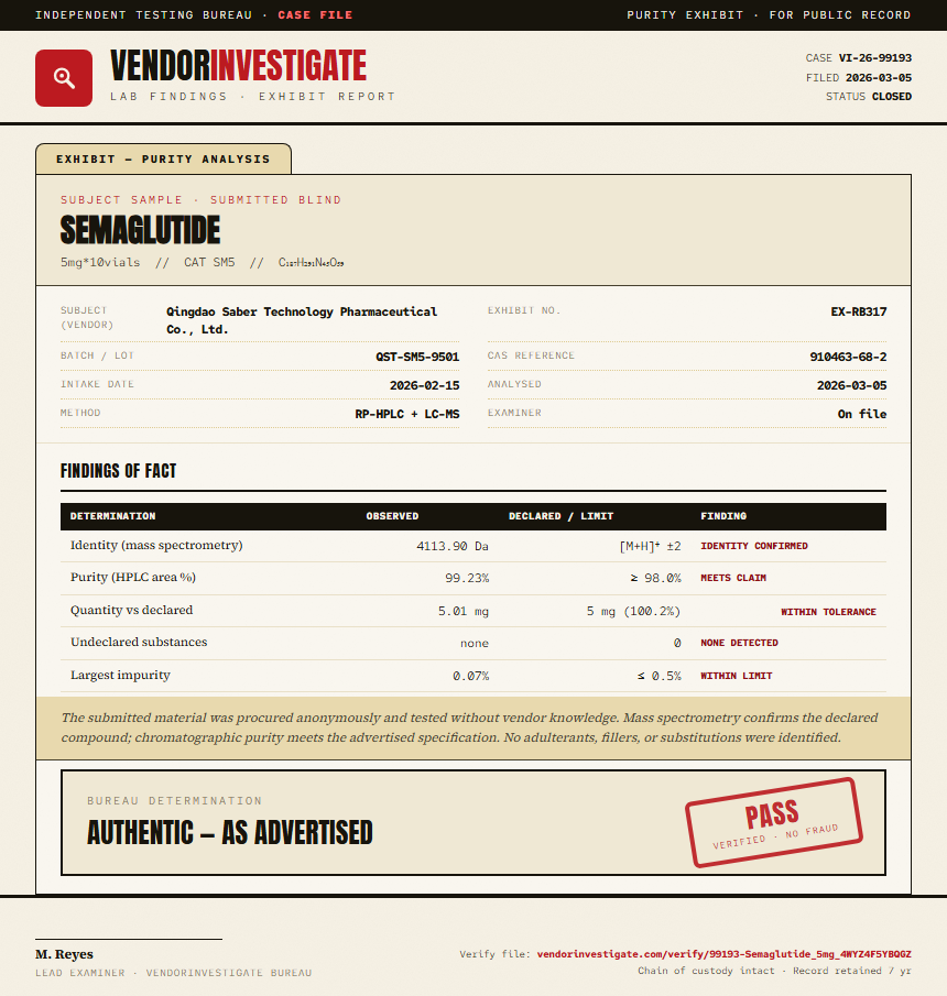 Semaglutide Purity (HPLC) report by VendorInvestigator