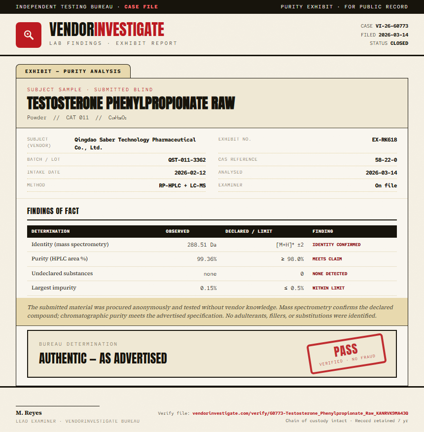 Testosterone Phenylpropionate Raw Purity (HPLC) report by VendorInvestigator