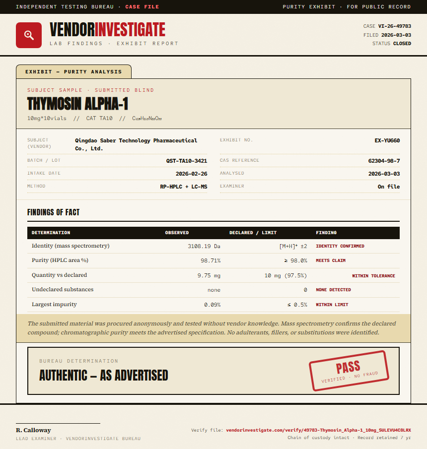 Thymosin Alpha-1 Purity (HPLC) report by VendorInvestigator