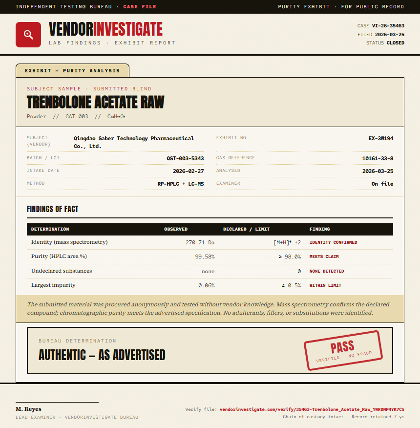 Trenbolone Acetate Raw Purity (HPLC) report by VendorInvestigator