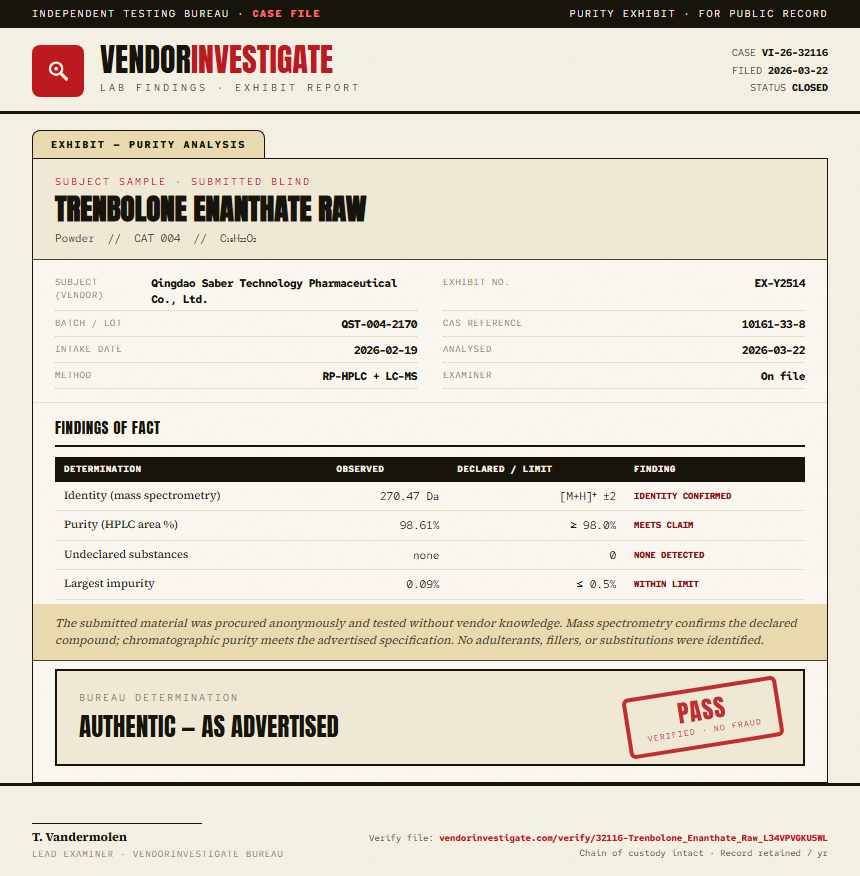 Trenbolone Enanthate Raw Purity (HPLC) report by VendorInvestigator