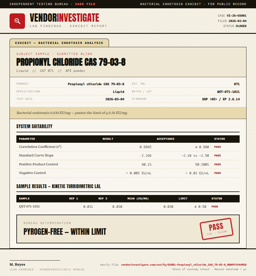 Propionyl chloride CAS 79-03-8 Endotoxin report by VendorInvestigator