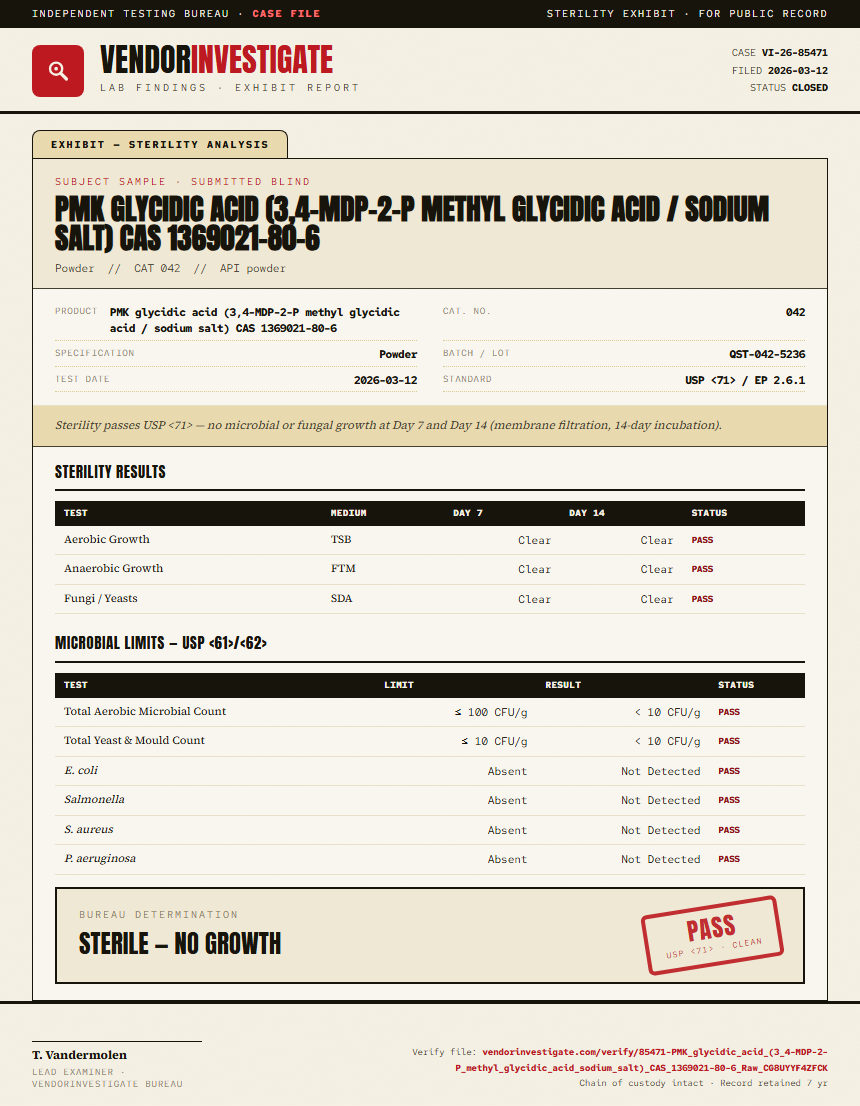 PMK glycidic acid (3,4-MDP-2-P methyl glycidic acid / sodium salt) CAS 1369021-80-6 Sterility report by VendorInvestigator