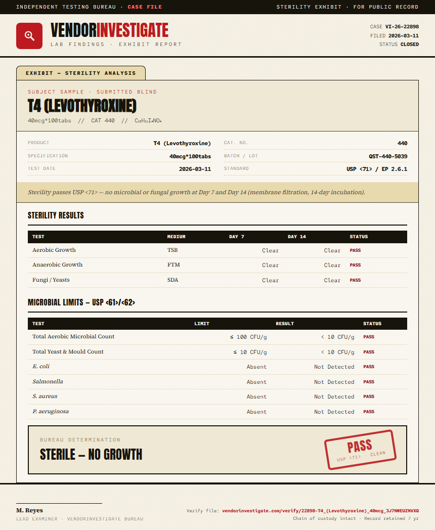 T4 (Levothyroxine) Sterility report by VendorInvestigator